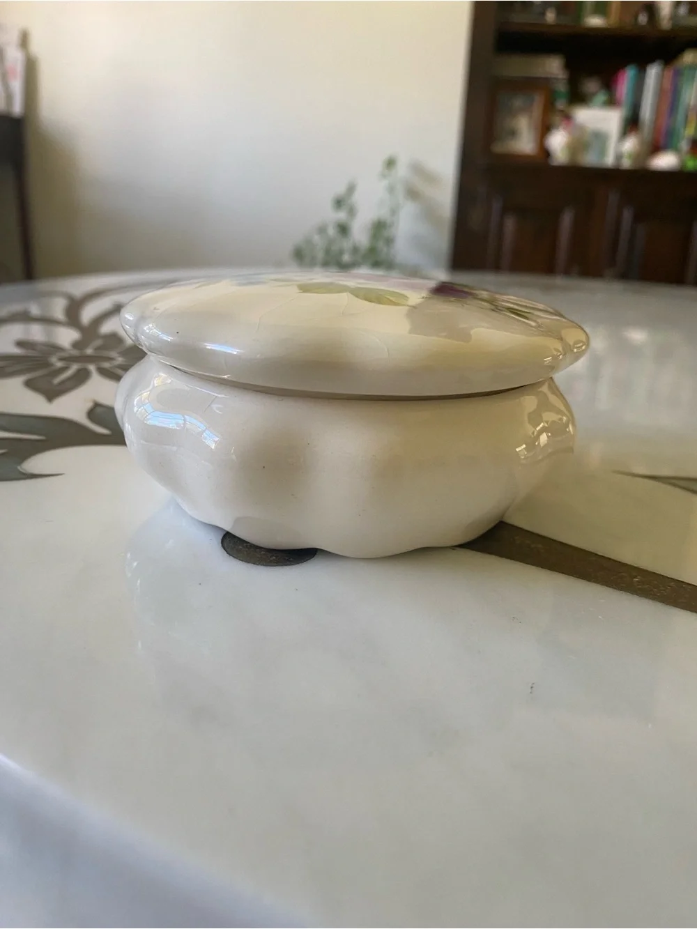 Vintage Floral Porcelain Jewelry/Trinket Box in Ivory with Hand-Painted Flowers